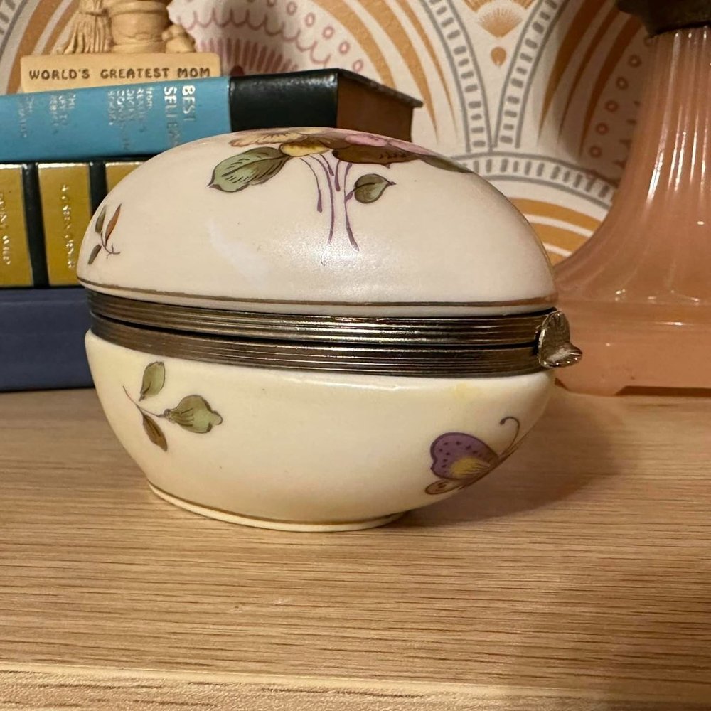 Antique Sevres hinged egg shaped trinket box butterfly & floral design
